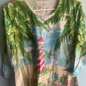 Coral Bay Green, Blue & Pink Lighthouse Beach Print Kids Top